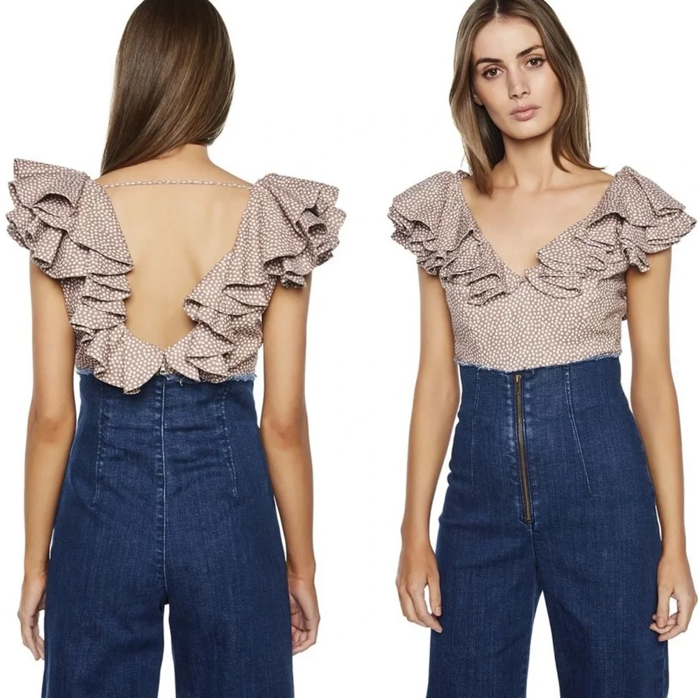 ❤️❤️ Bardot Spotty Bustier in Coffee Spot Polka Dot Ruffle Top Blouse 4❤️❤️